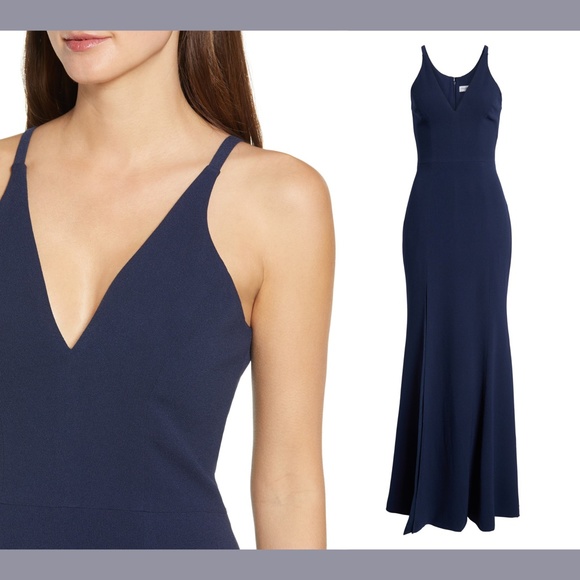 NWT Dress the Population [ Small ] Iris Slit Crepe‎ Gown in Midnight Blue - Picture 2 of 15